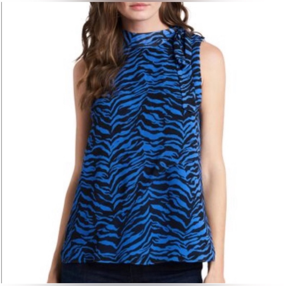 Vince Camuto Blue Animal Print Tie Neck Blouse size L - Picture 2 of 14